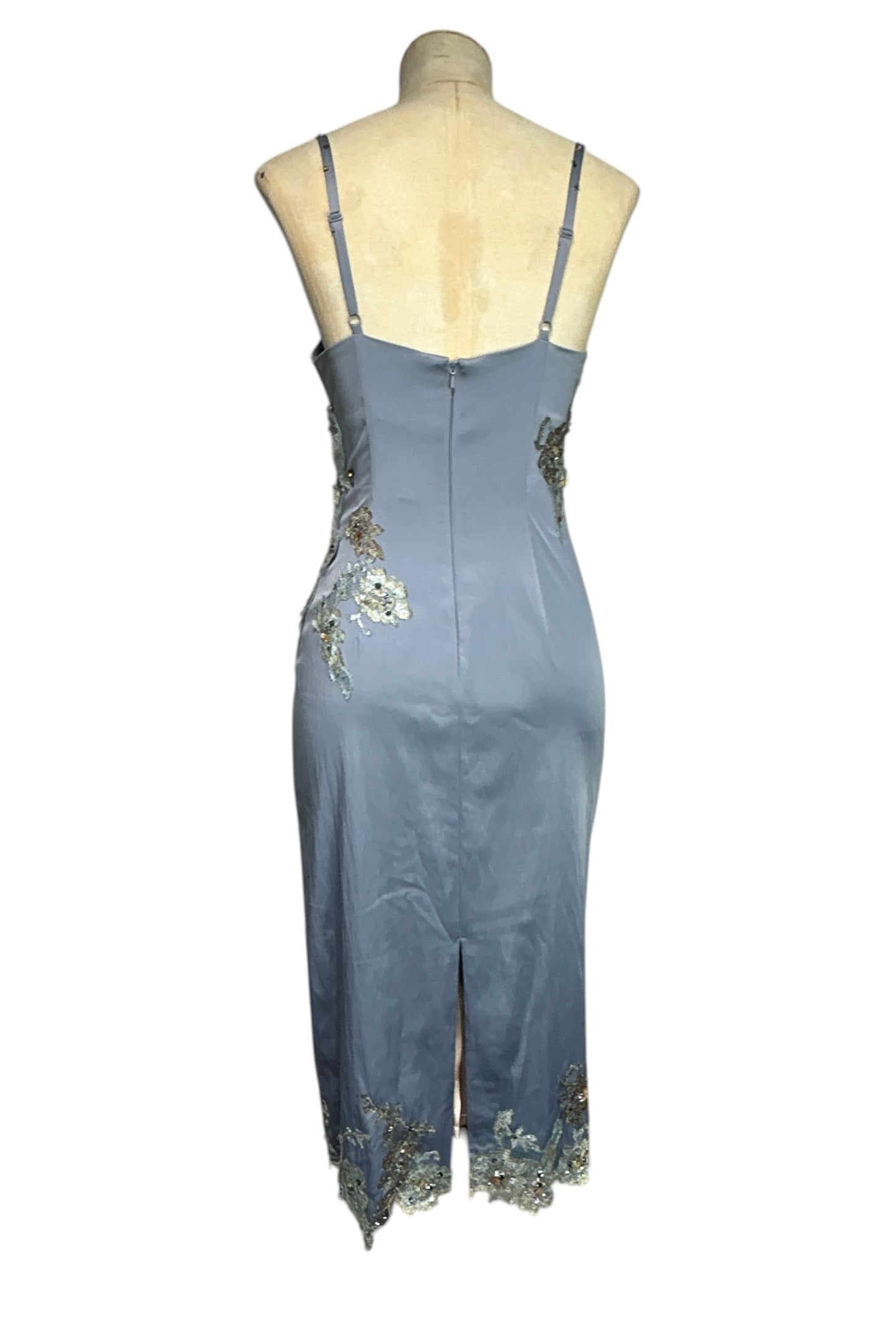 Deadstock Mandalay French Blue Wrap Stretch Satin Beaded Embroidered Dress — Size 6