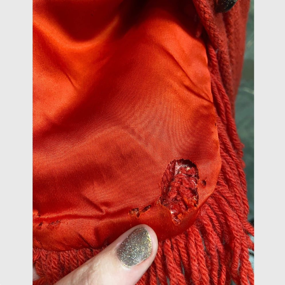 50’s Red Wool Chimayo Poncho Style Jacket with Fringe Trim