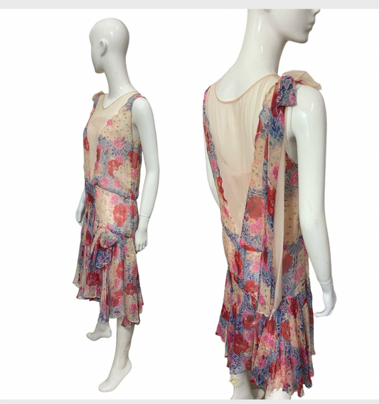 20’s Floral Print Silk Chiffon Dress with Bow Accents and Matching Slip