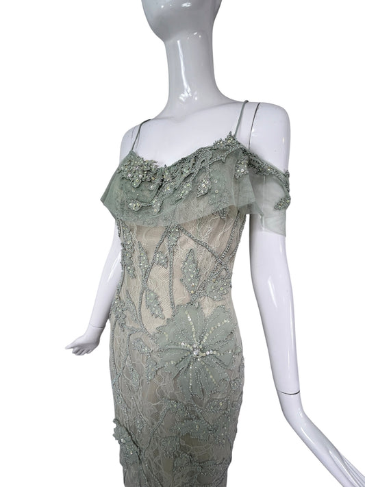 Mandalay Celadon Lace Beaded Cocktail Dress – Deadstock Y2K Off-the-Shoulder Dress | Size 6