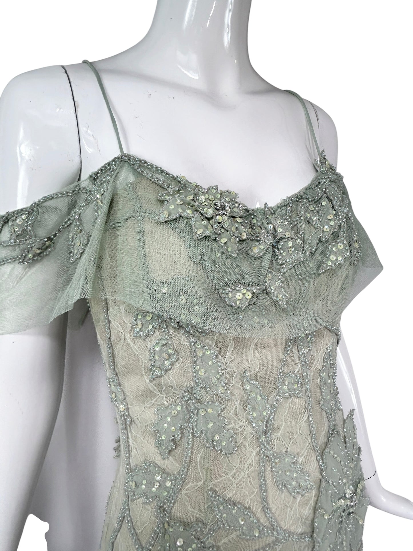 Mandalay Celadon Lace Beaded Cocktail Dress – Deadstock Y2K Off-the-Shoulder Dress | Size 6