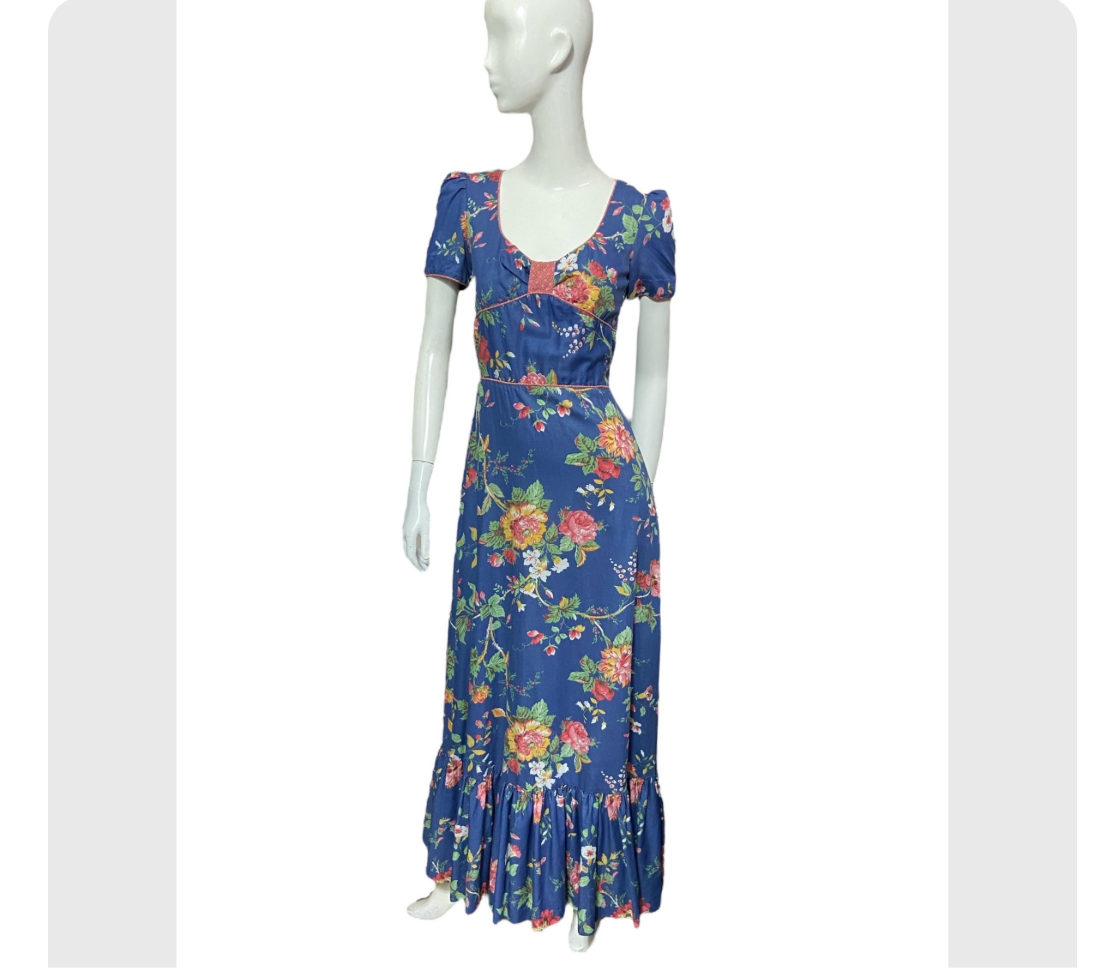 70’s Floral Cotton Maxi-Dress with Short Sleeves and Swiss Waist