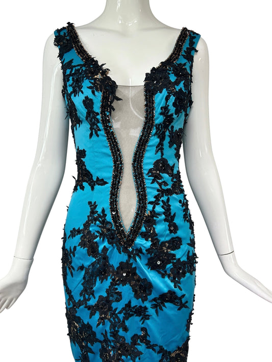 Mandalay Blue Illusion Lace Cocktail Dress – Deadstock Y2K Satin Dress | Size 6
