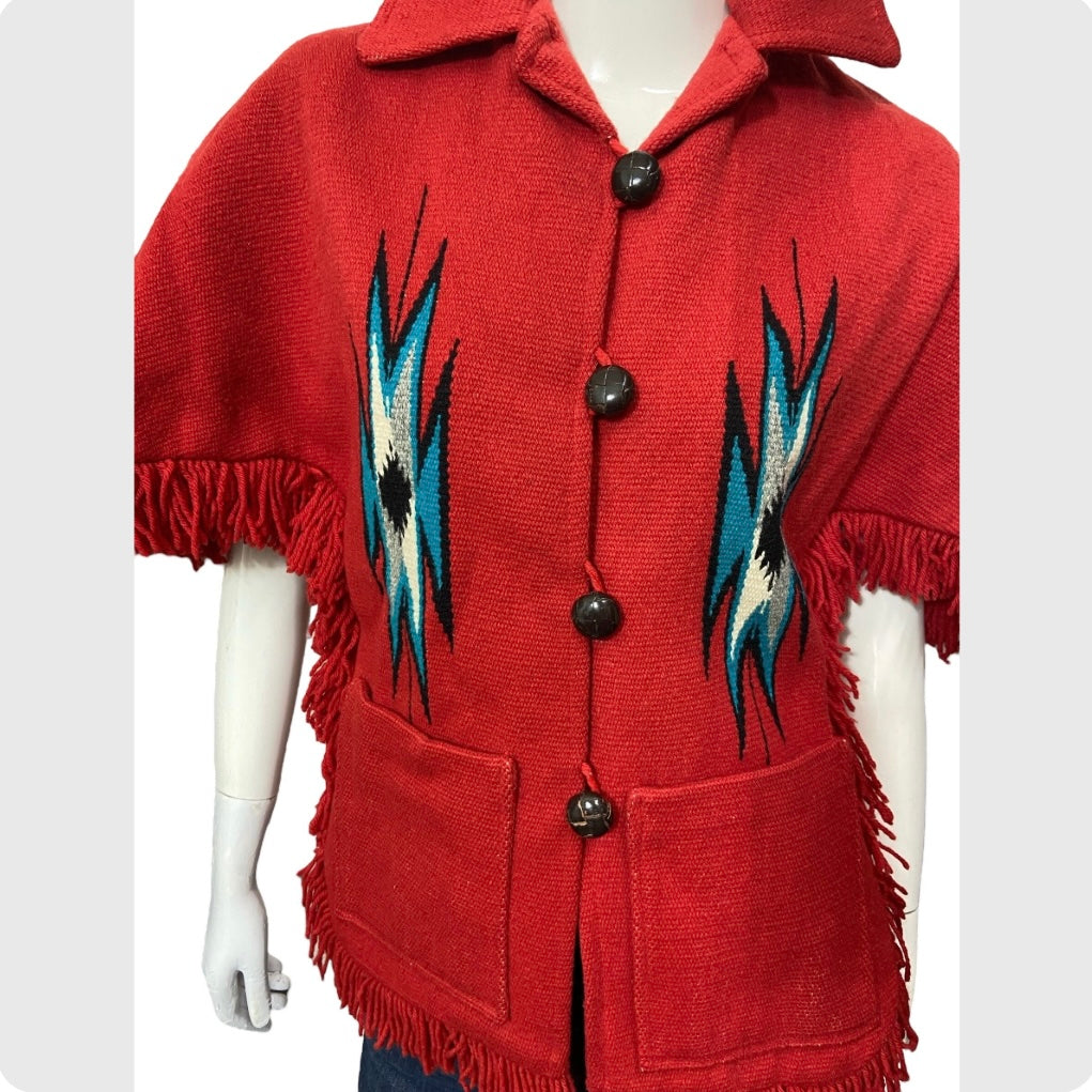 50’s Red Wool Chimayo Poncho Style Jacket with Fringe Trim