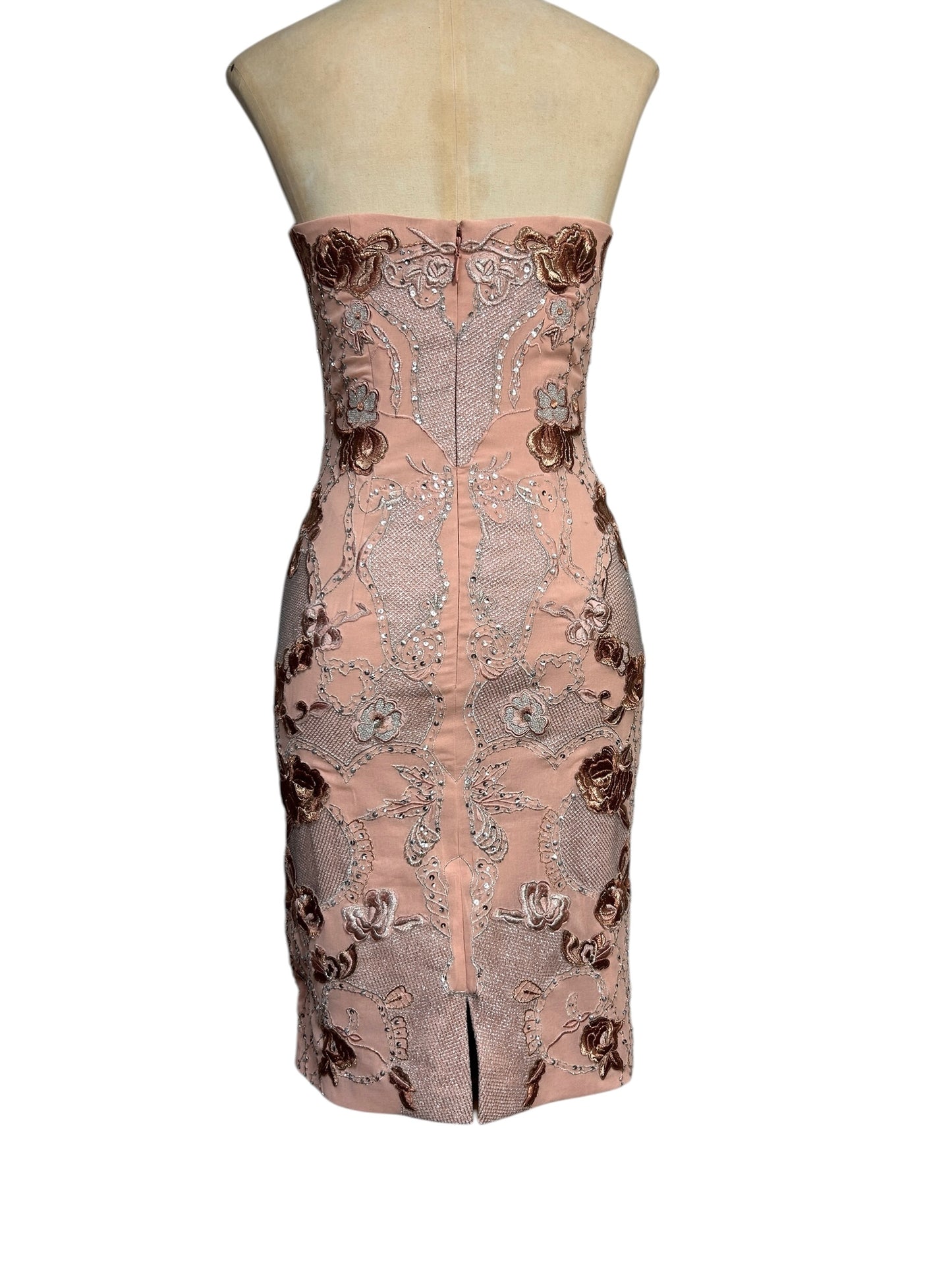 Ballet pink, heavily embroidered strapless, Mandalay wiggle dress size 6