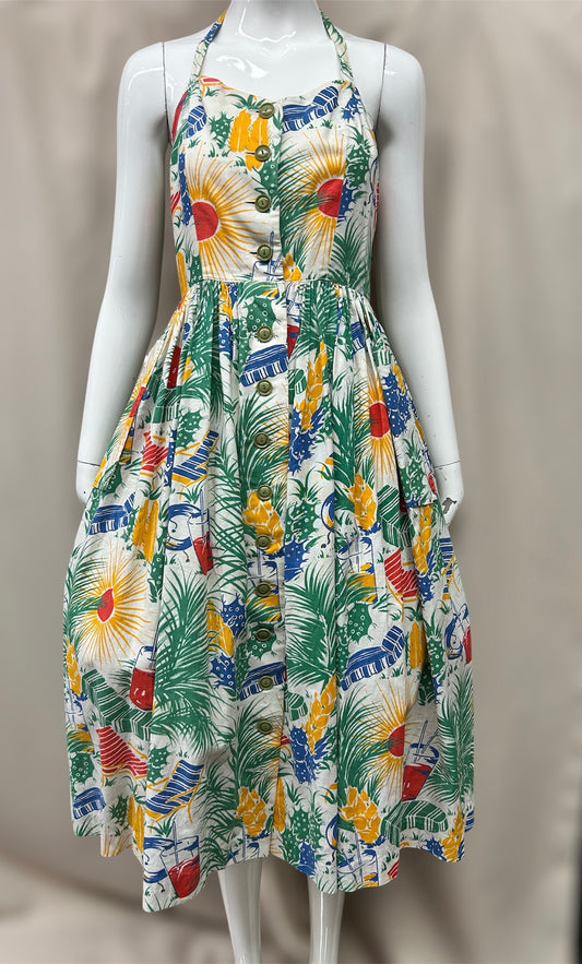 1940s–Early 1950s Tropical Print Linen Halter Dress