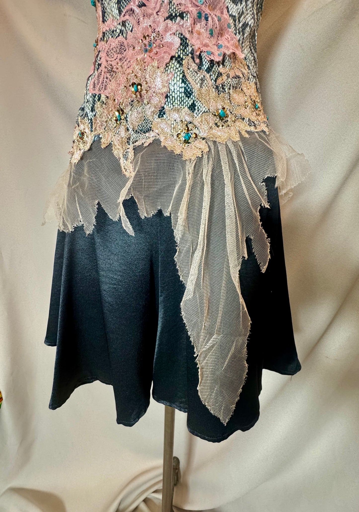 Y2K Deadstock Mandalay Sequin & Lace Top – Snake Print, Fairy Scarf Mesh Hem, Size 12