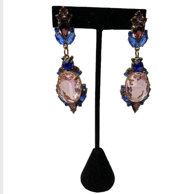 80’s Glass Gem Drop Earrings in Pink, Purple & Blue Pierced Ears