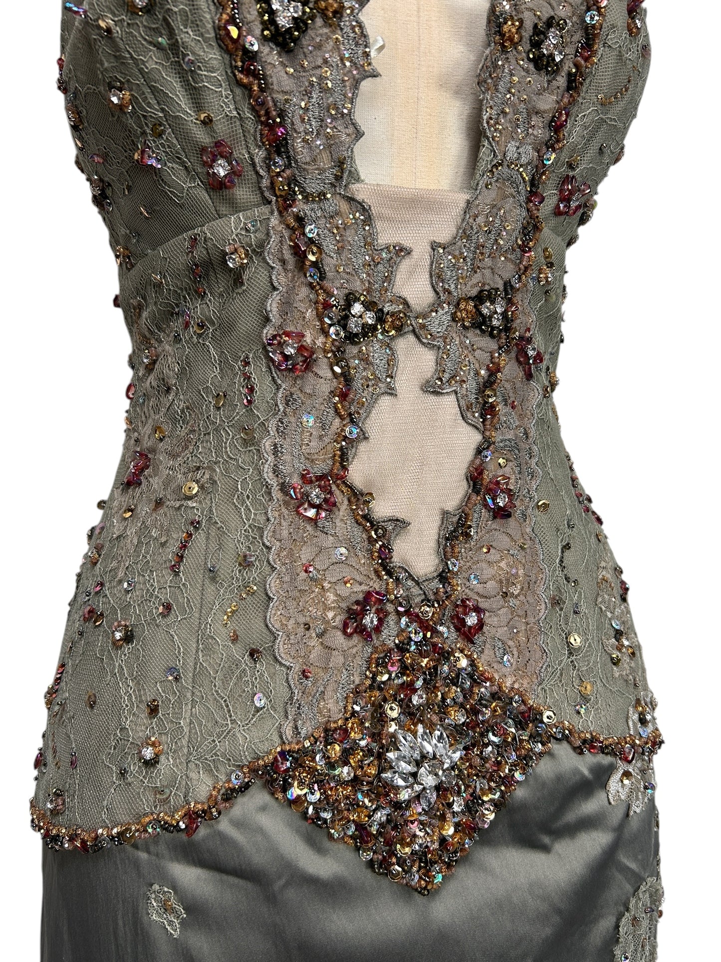 Deadstock Mandalay Sage Green Beaded Lace Silky Satin Dress — Size 8