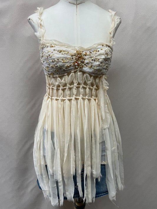 Y2K Vintage Deadstock Mandalay Ribbon Fringe Top – Lace, Beaded & Sequined (Size 12)