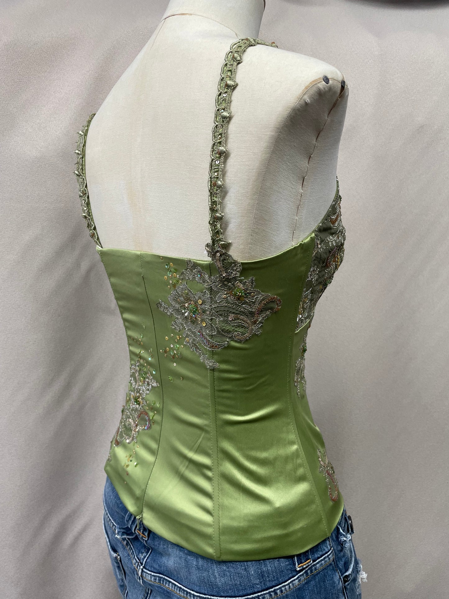 Vintage Y2K Deadstock Mandalay Satin Beaded Corset Top | Green Lace & Sequin Embellished (sz 14)