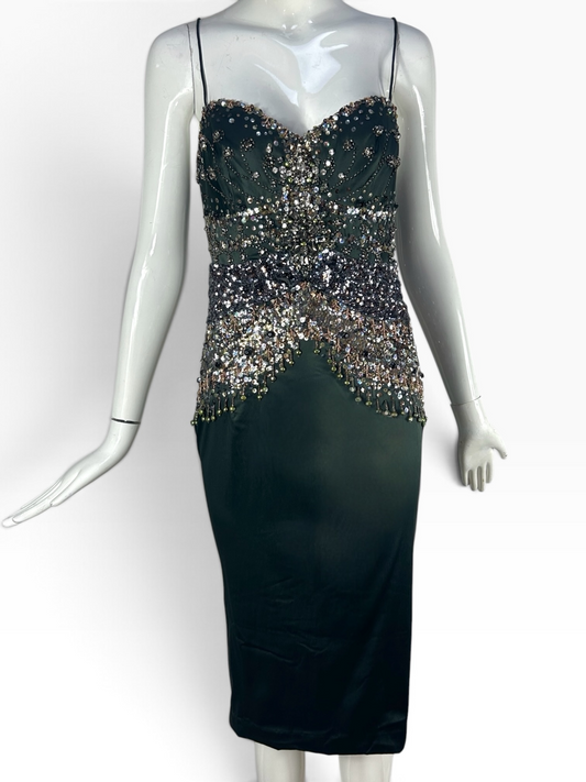 Deadstock Mandalay Dark Green Pearl, Rhinestone & Sequin Dress – Size 8