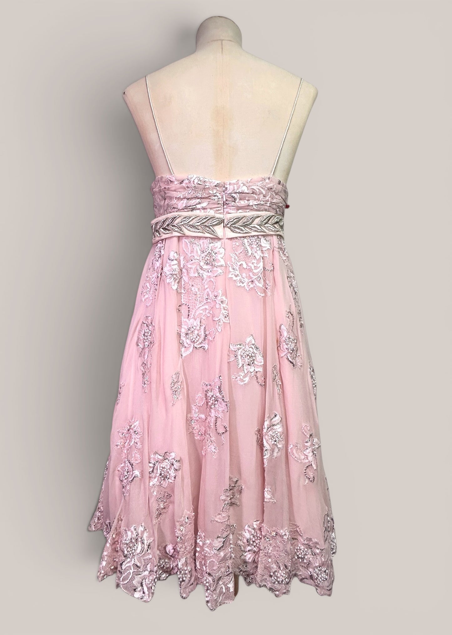 Mandalay Deadstock Silk Chiffon Princess Dress in Blush Pink | Beaded Empire Waist | Size 10