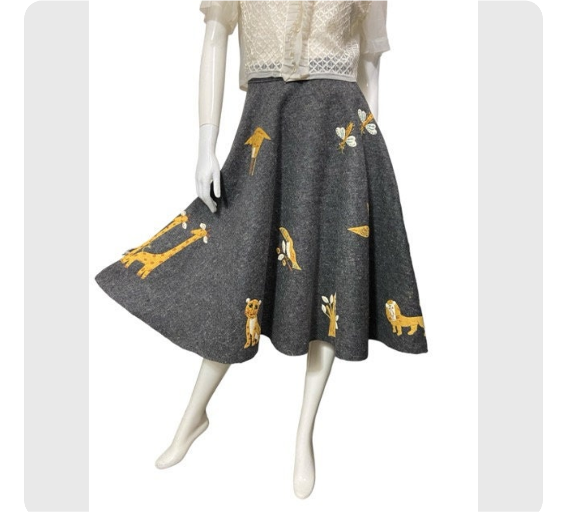 50's Felt Circle Skirt with African Safari Motif Appliqués