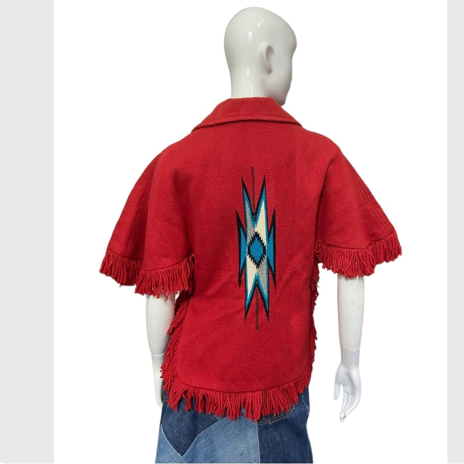 50’s Red Wool Chimayo Poncho Style Jacket with Fringe Trim