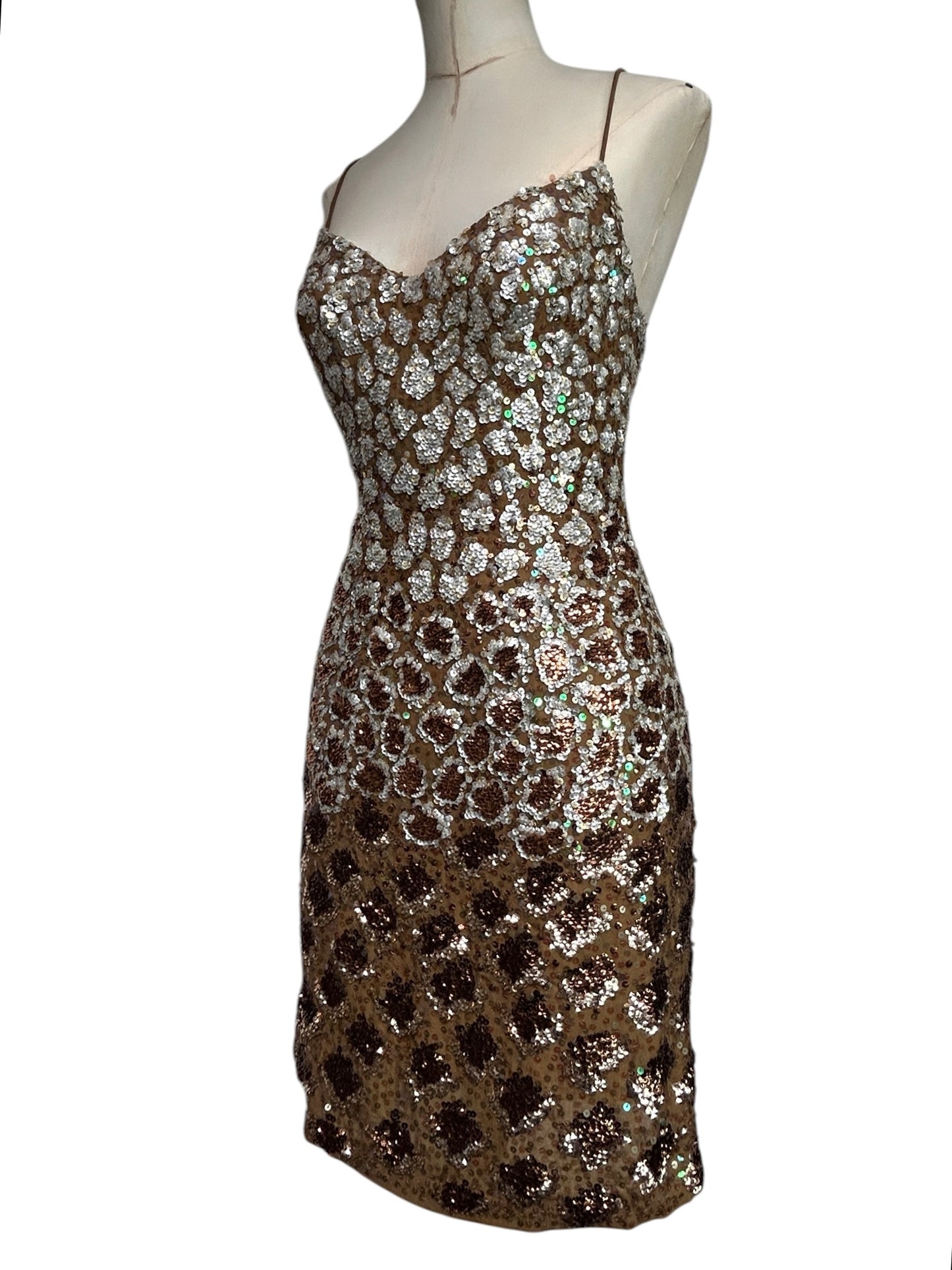 Deadstock Mandalay Bronze Sequin Silk Chiffon Dress — Size 6 — Embellished Vintage Mandalay