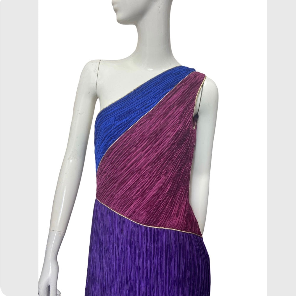 80’s Mary McFadden One Shoulder Colorblock Plisse Gown