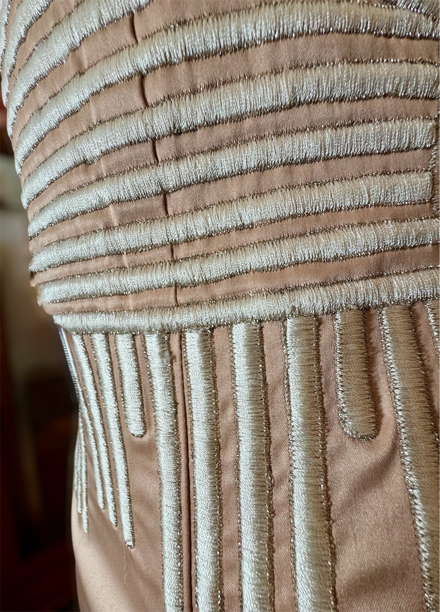 Y2K Deadstock Mandalay Dress – Blush Pink Metallic Embroidered Bodycon size 6