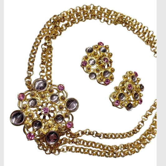 80’s Barrera for Avon Goldtone Necklace & Earrings Set with Lavender and Pink Glass Gems