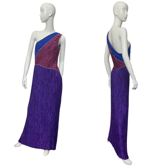 80’s Mary McFadden One Shoulder Colorblock Plisse Gown