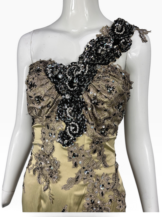 Vintage Mandalay Dress – Beaded Lace One-Shoulder Cocktail Dress, Size 4, Deadstock