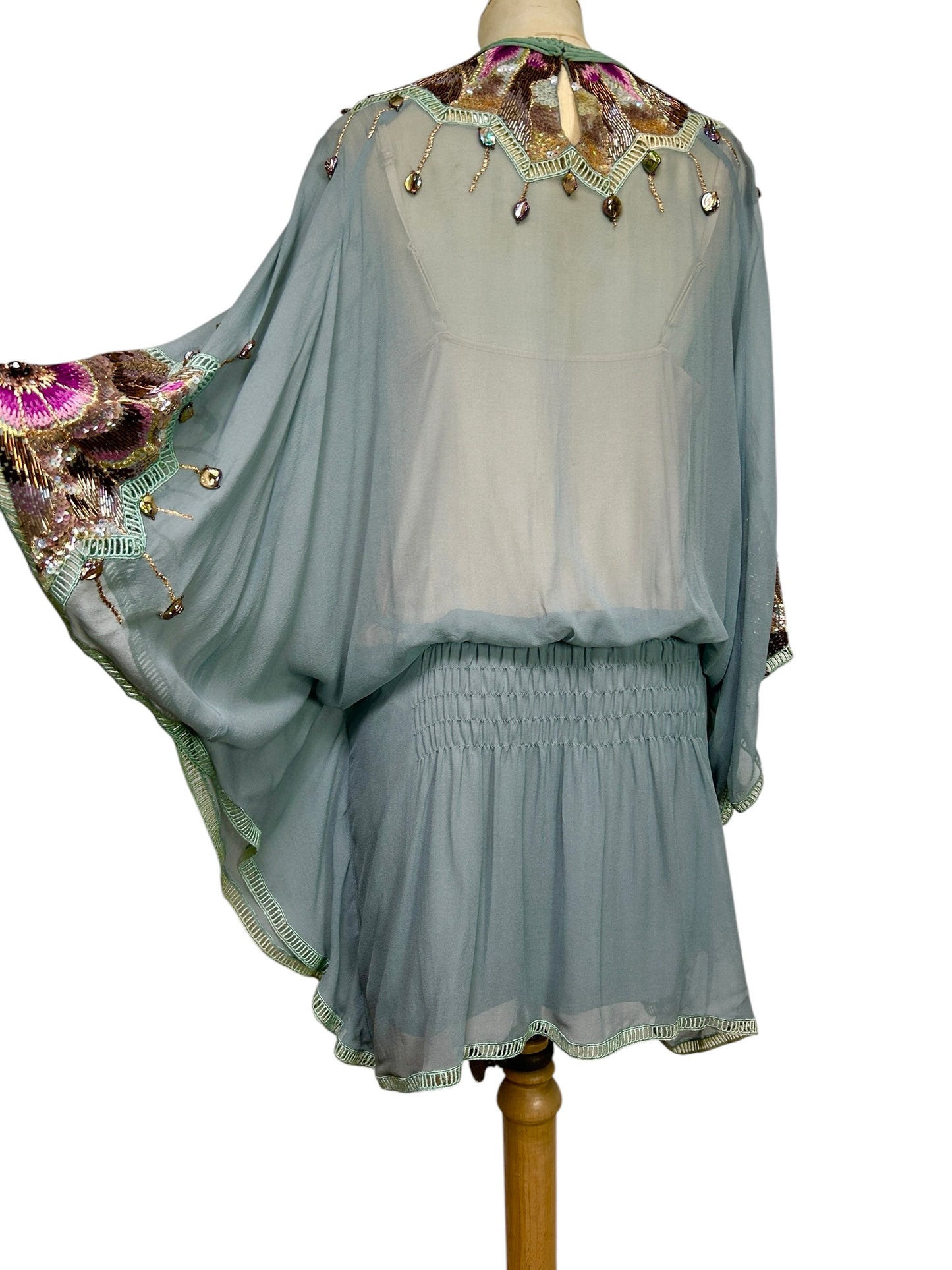 Robin Egg Blue Silk Chiffon Beaded Mandalay deadstock Tunic size 6