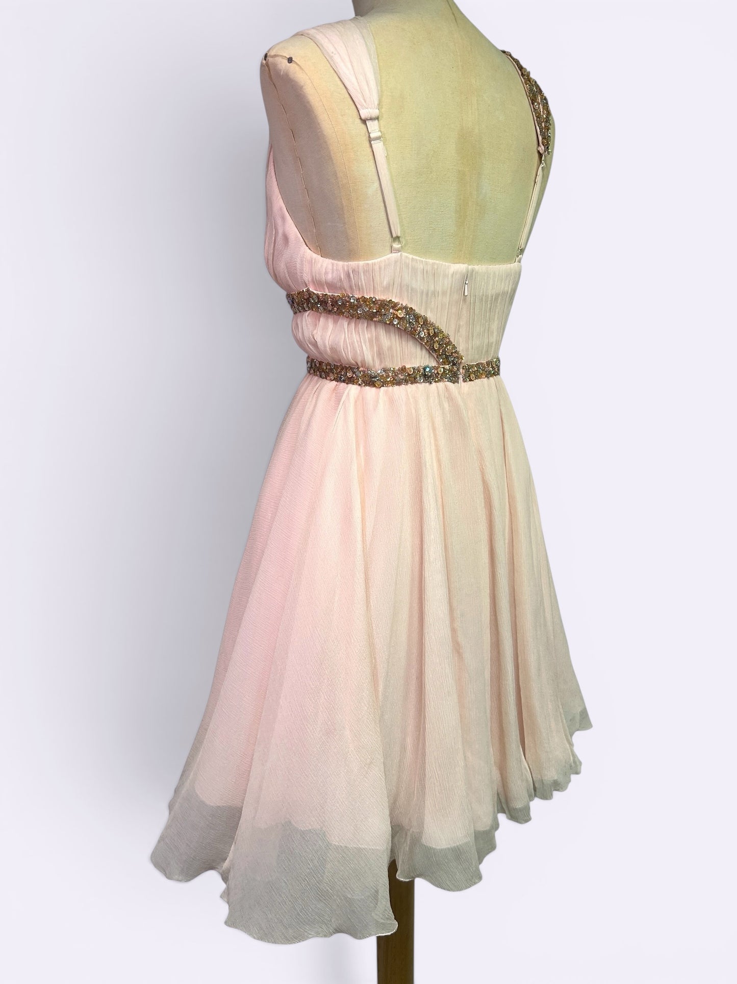 Mandalay Deadstock Silk Chiffon Ballet Pink Beaded Grecian Cocktail Dress Size 4
