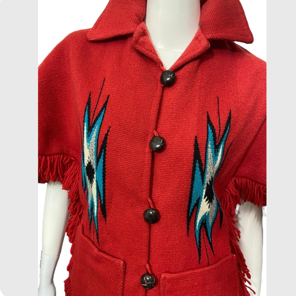 50’s Red Wool Chimayo Poncho Style Jacket with Fringe Trim