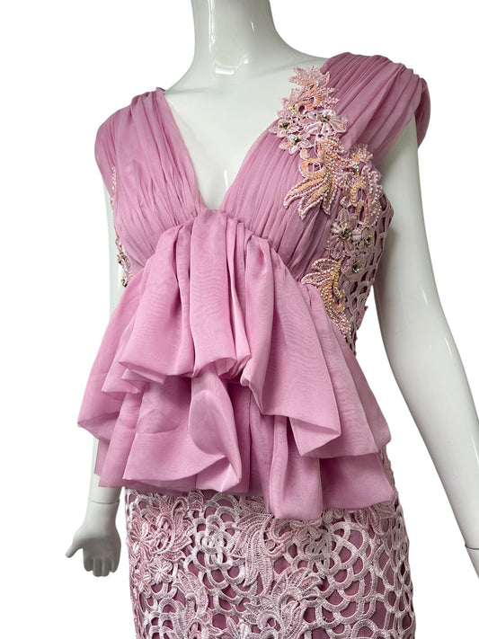 One-of-a-Kind Deadstock Mandalay Pink Appliqué Cocktail Dress | Silk Chiffon & Lace | Y2K Size 6