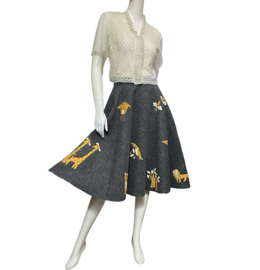 50's Felt Circle Skirt with African Safari Motif Appliqués