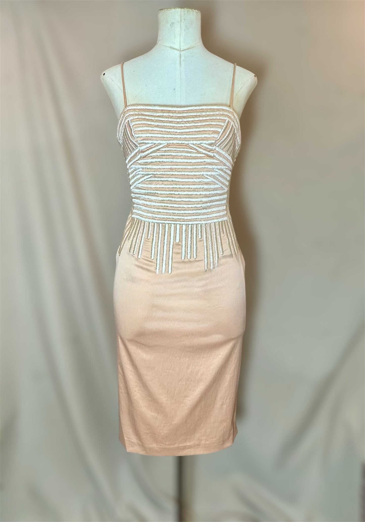 Y2K Deadstock Mandalay Dress – Blush Pink Metallic Embroidered Bodycon size 6