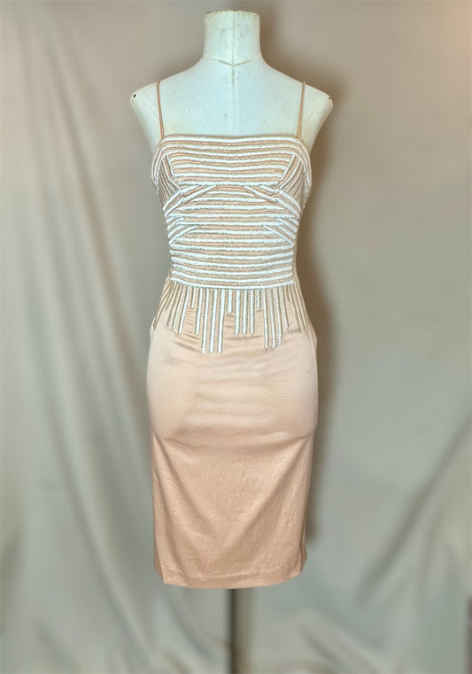 Y2K Deadstock Mandalay Dress – Blush Pink Metallic Embroidered Bodycon size 6