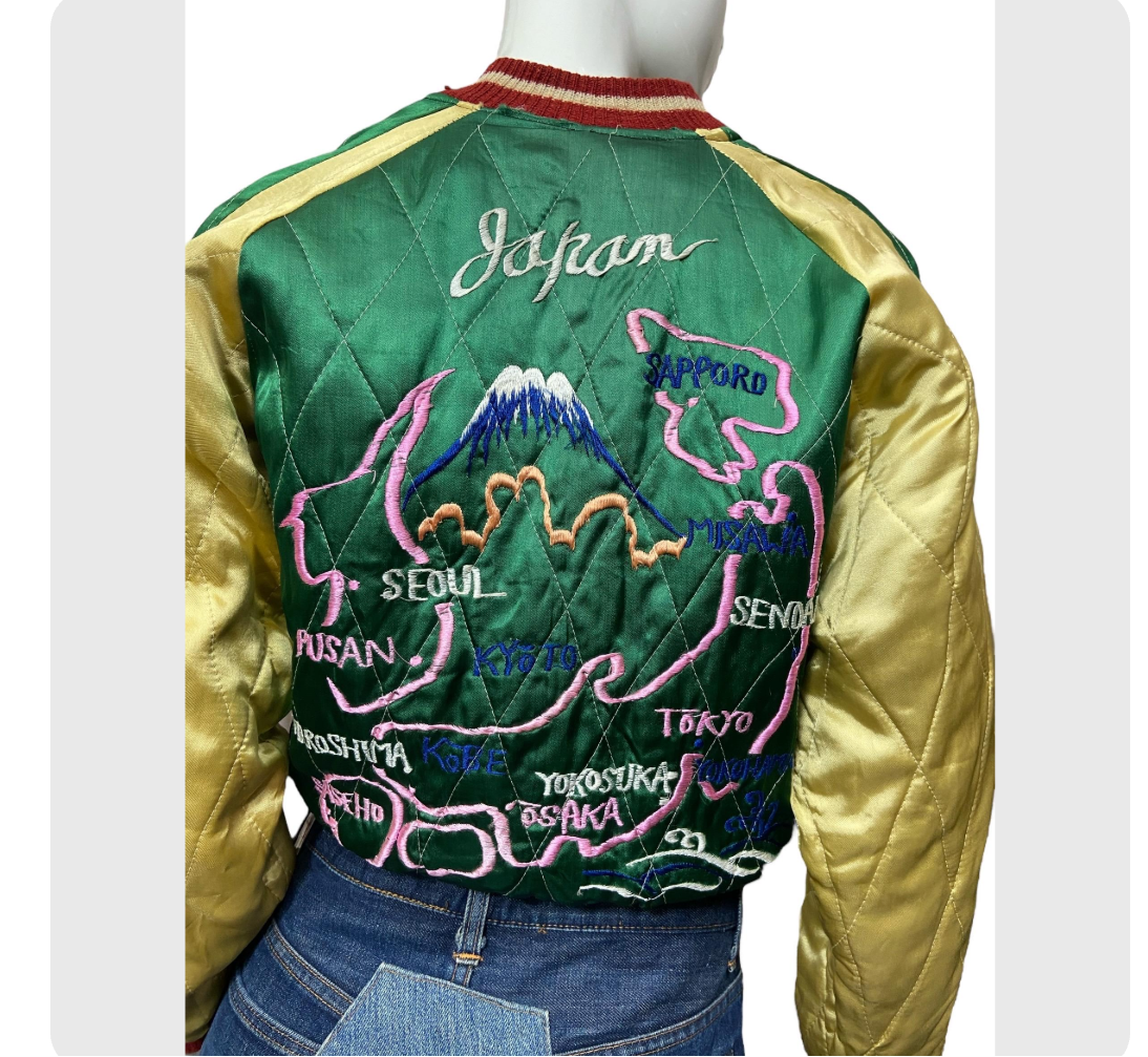 REVERSIBLE 50’s Satin Bomber Japan Souvenir Jacket with Tiger, Eagle and Map Embroidery