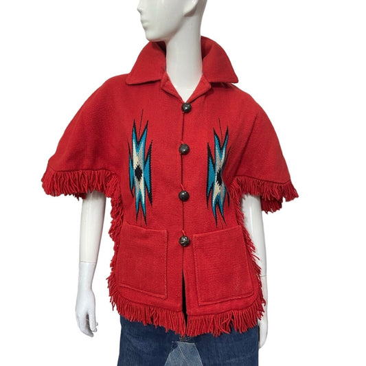 50’s Red Wool Chimayo Poncho Style Jacket with Fringe Trim