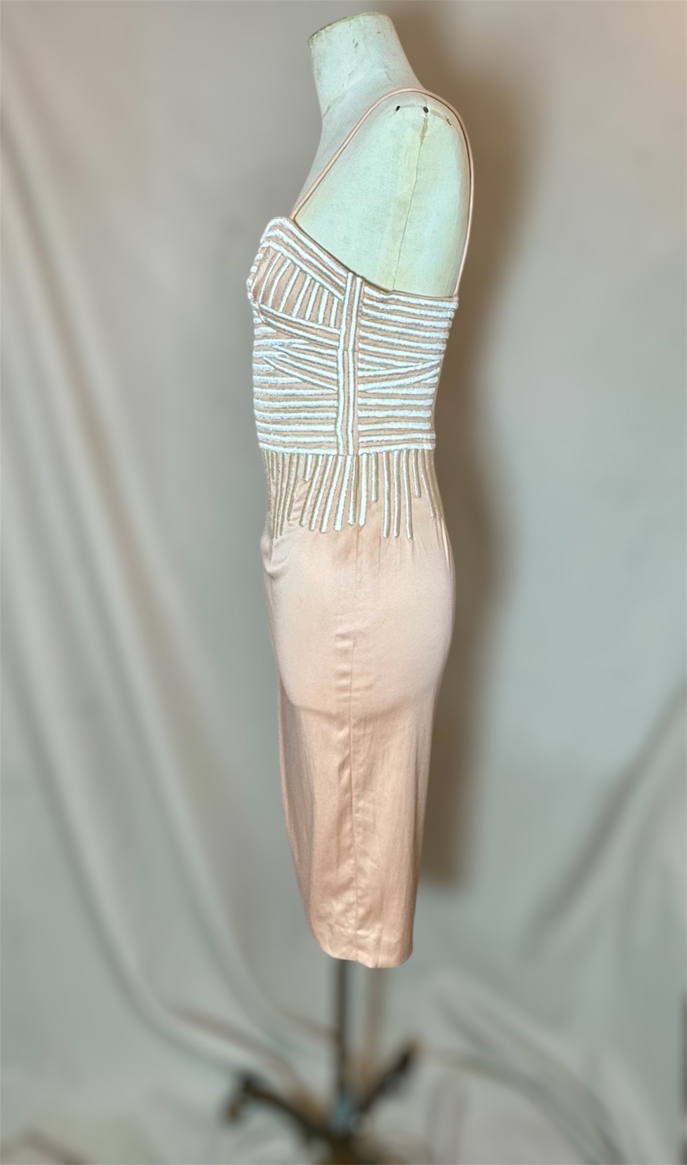 Y2K Deadstock Mandalay Dress – Blush Pink Metallic Embroidered Bodycon size 6