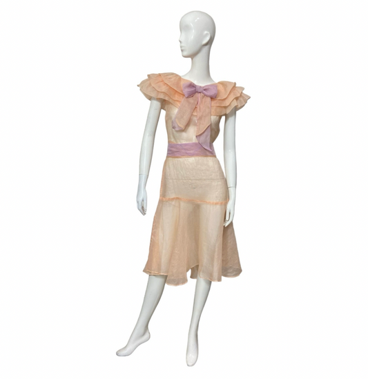 30’s Peach Organdy Dress with Ruffle Collar and Bow AS IS