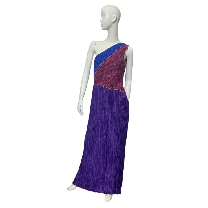 80’s Mary McFadden One Shoulder Colorblock Plisse Gown