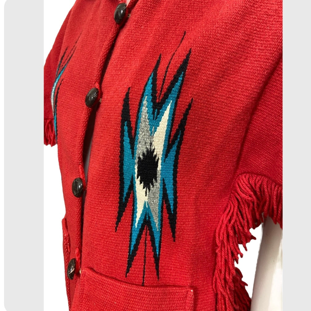 50’s Red Wool Chimayo Poncho Style Jacket with Fringe Trim