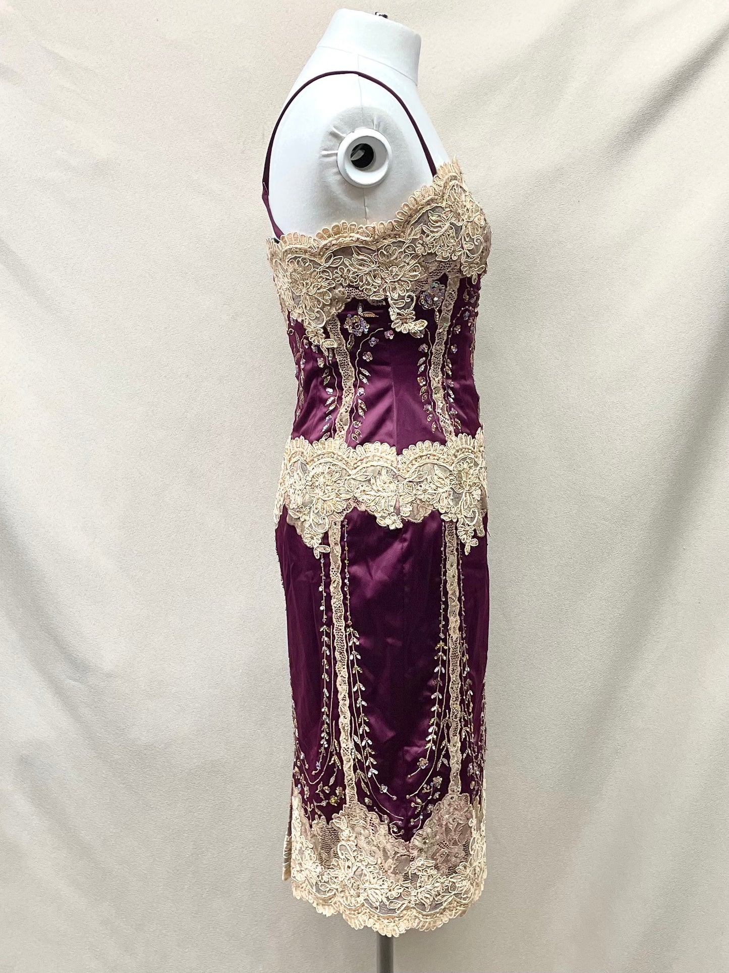 Y2K Mandalay Deadstock Bodycon Midi Dress – Purple & Champagne, Size 6