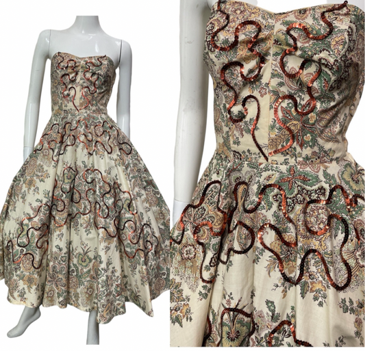 1950s strapless paisley print sequined dress