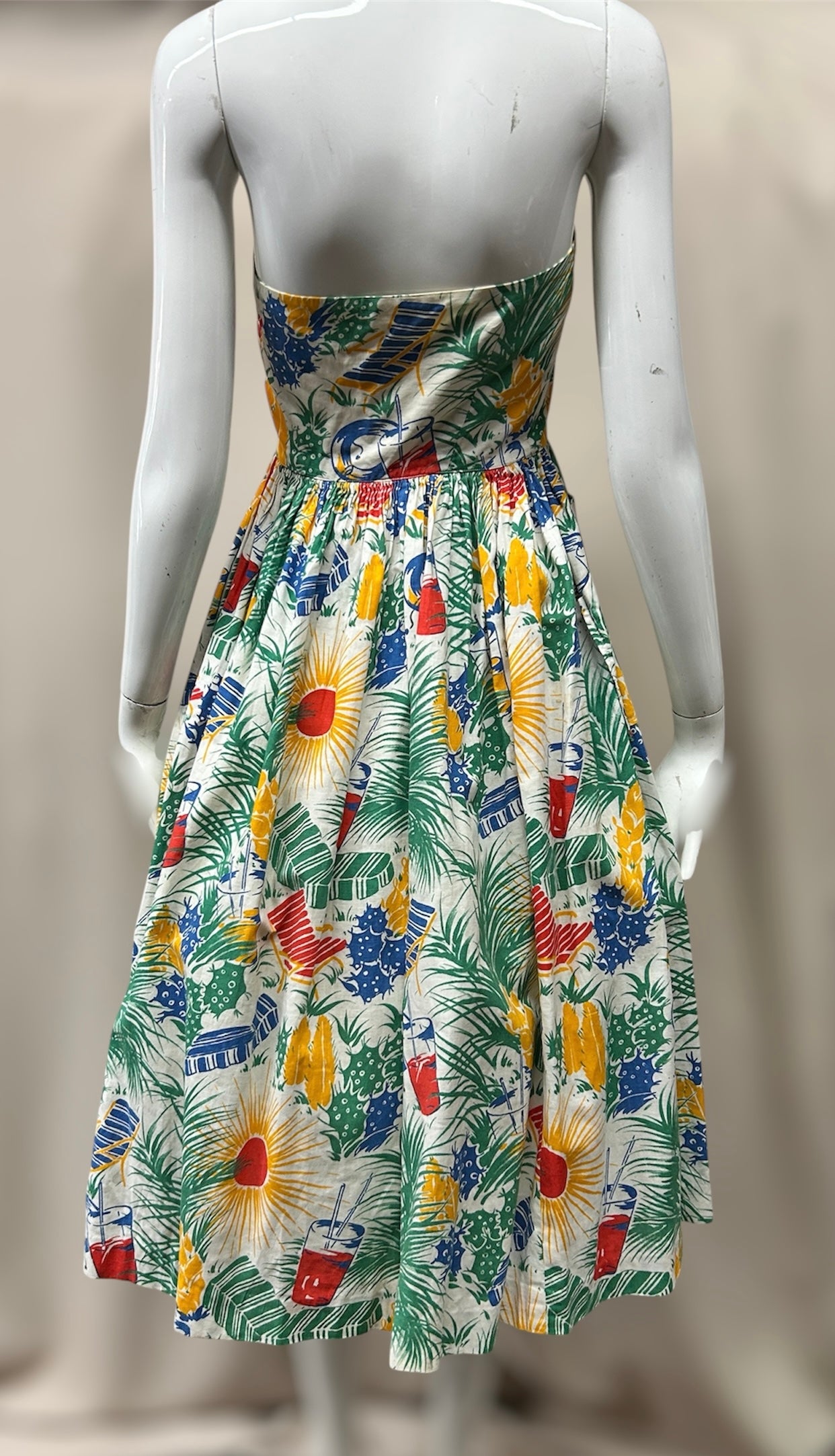 1940s–Early 1950s Tropical Print Linen Halter Dress