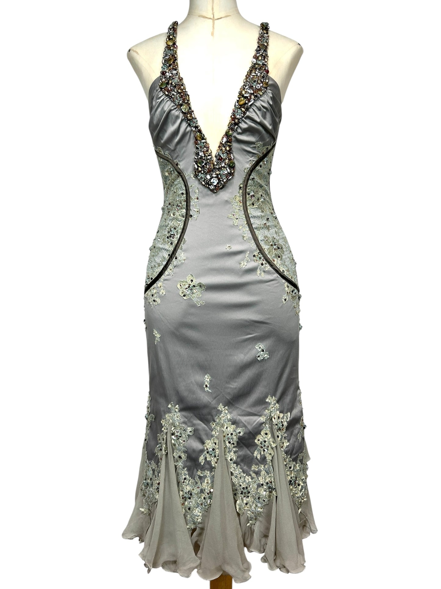 Deadstock Mandalay Embellished Silver Satin Mermaid Gown – Size 8