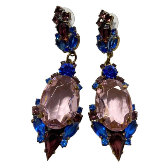 80’s Glass Gem Drop Earrings in Pink, Purple & Blue Pierced Ears