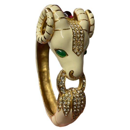 80’s Ciner Enamel Ram’s Head Bracelet with Rhinestones & Glass Cabochons