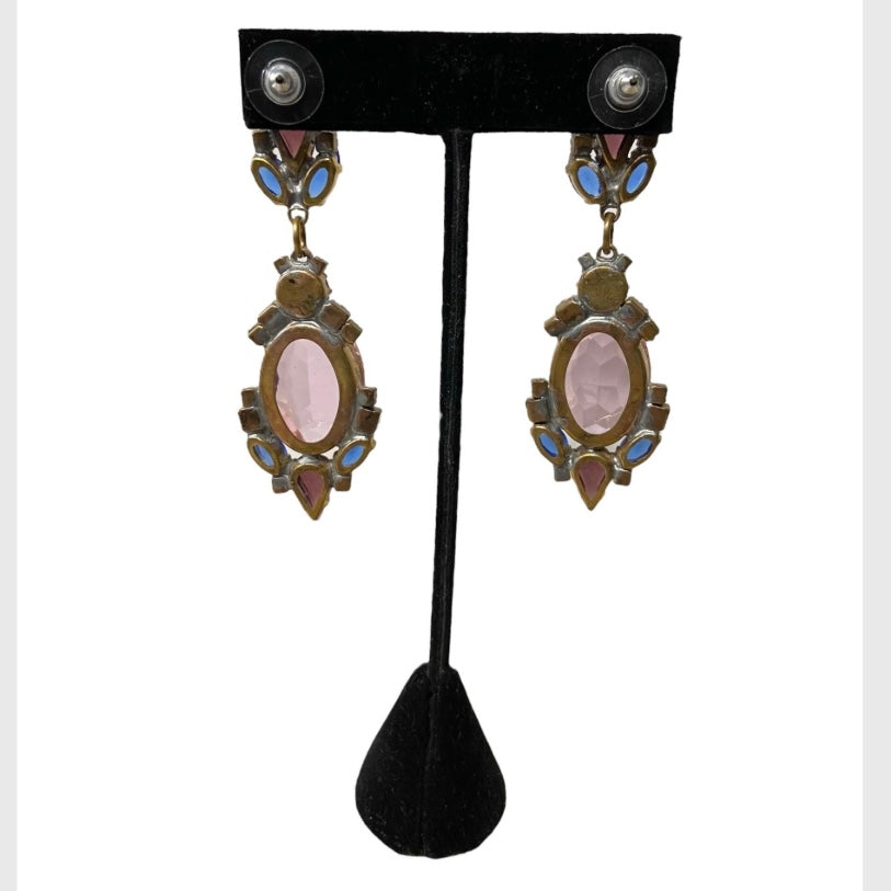 80’s Glass Gem Drop Earrings in Pink, Purple & Blue Pierced Ears