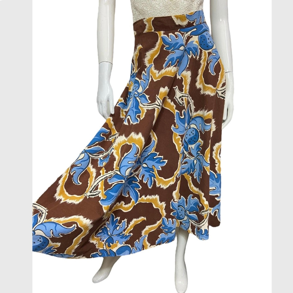 40’s Stylized Fruit and Branch Print Cotton Skirt