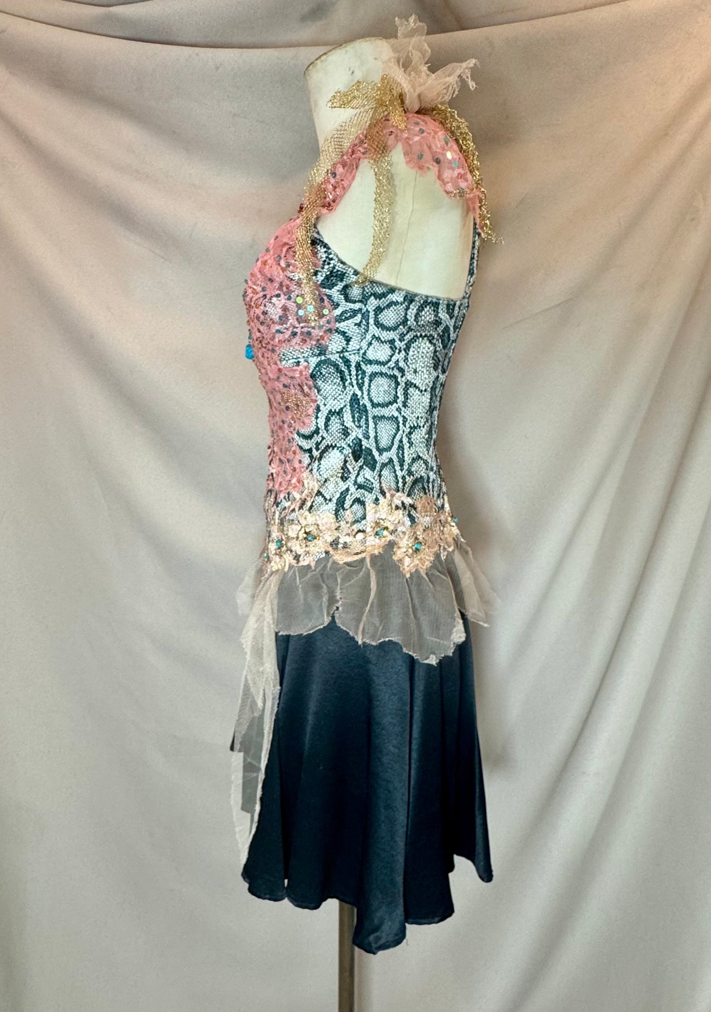 Y2K Deadstock Mandalay Sequin & Lace Top – Snake Print, Fairy Scarf Mesh Hem, Size 12