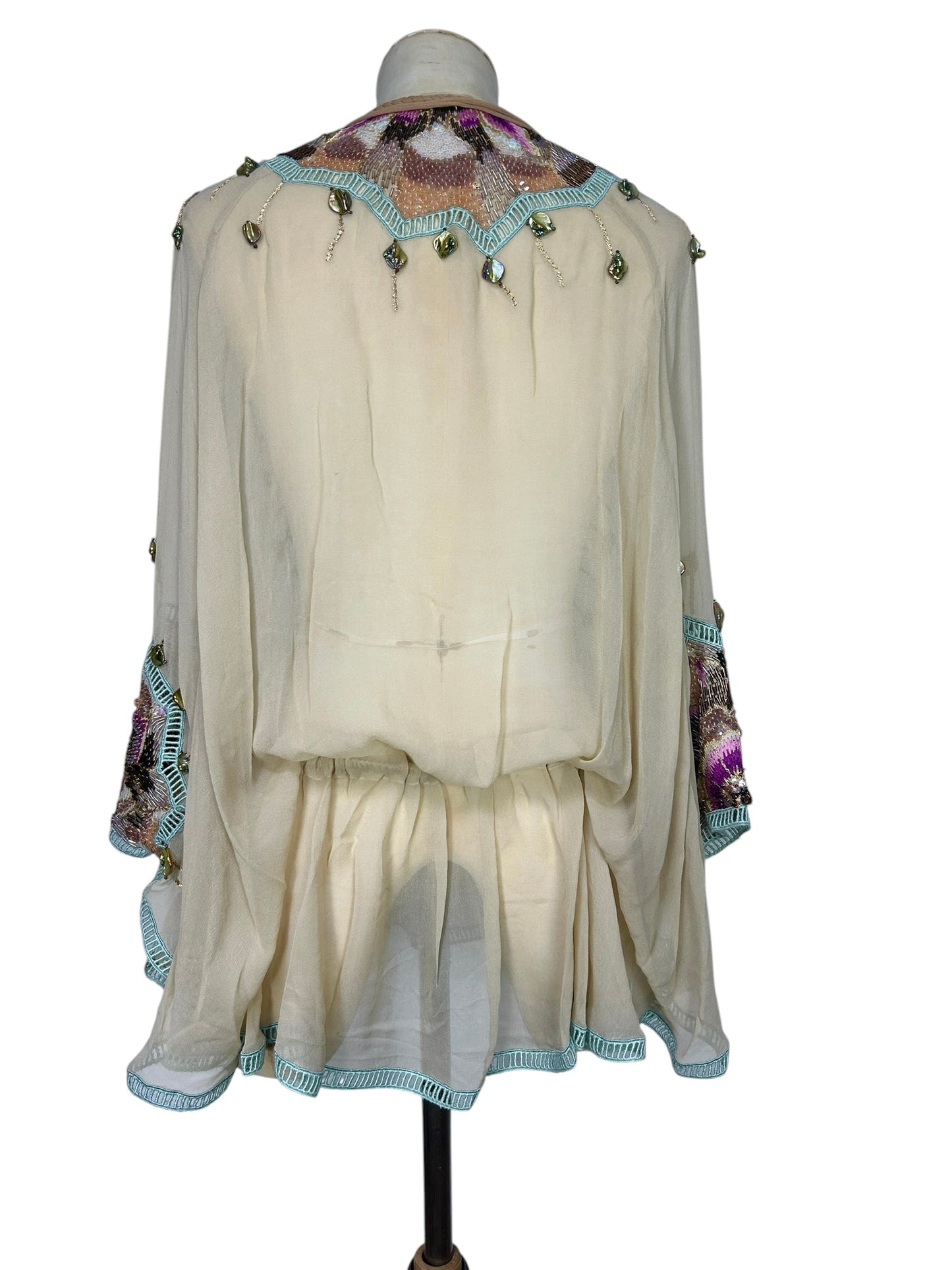 Deadstock Mandalay Silk Chiffon Beaded Butterfly Sleeve Tunic Top – Size 4