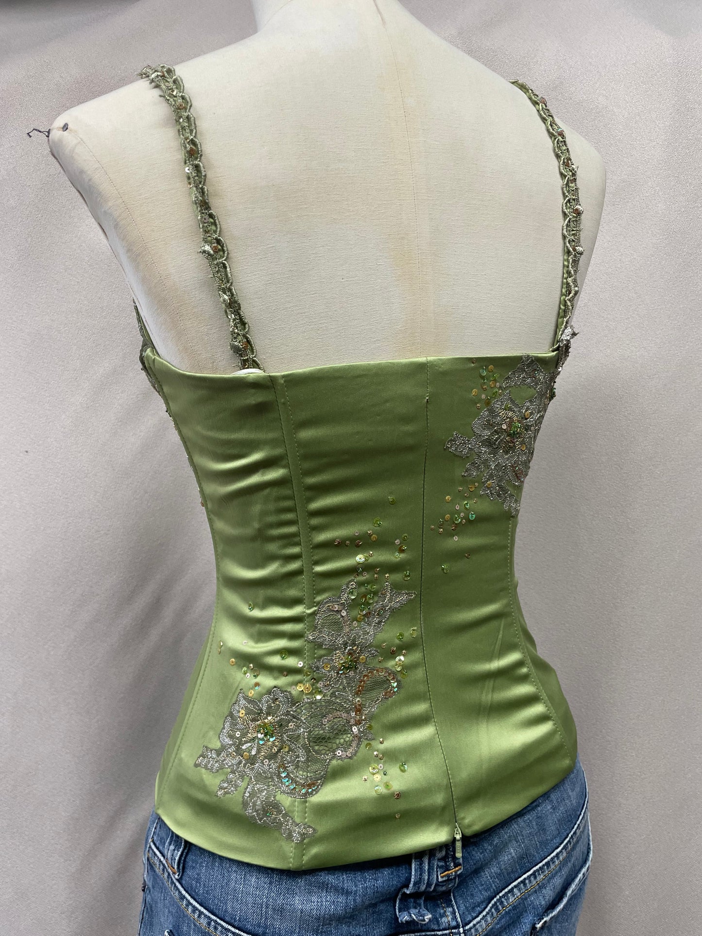 Vintage Y2K Deadstock Mandalay Satin Beaded Corset Top | Green Lace & Sequin Embellished (sz 14)