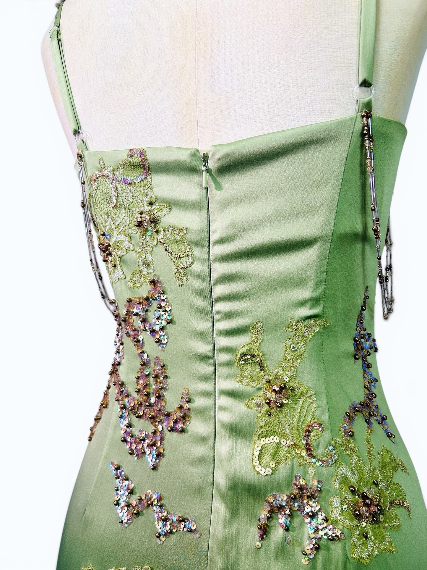 Mandalay Deadstock Beaded Satin Wiggle Dress | Pistachio Green Silk Chiffon Ruffle Hem | Size 6